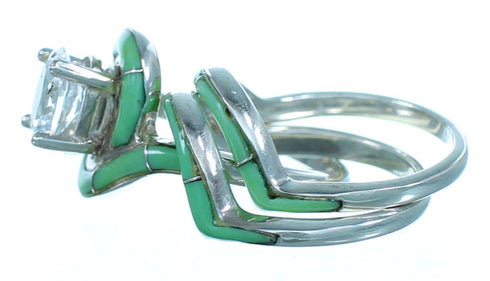 Turquoise Inlay Sterling Silver Cubic Zirconia Wedding Ring Set Size 6-1/2 LX113087
